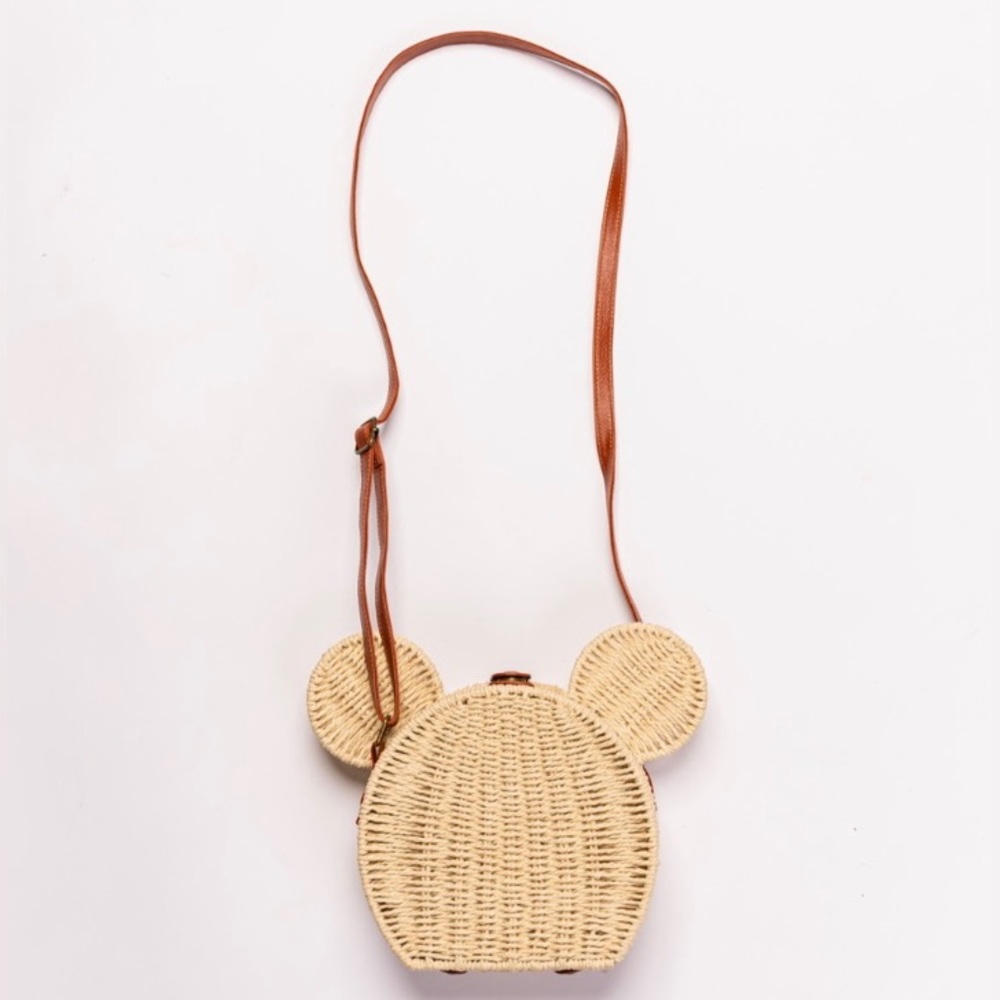 Woven Straw Mickey Ear Crossbody Bag - Tan
